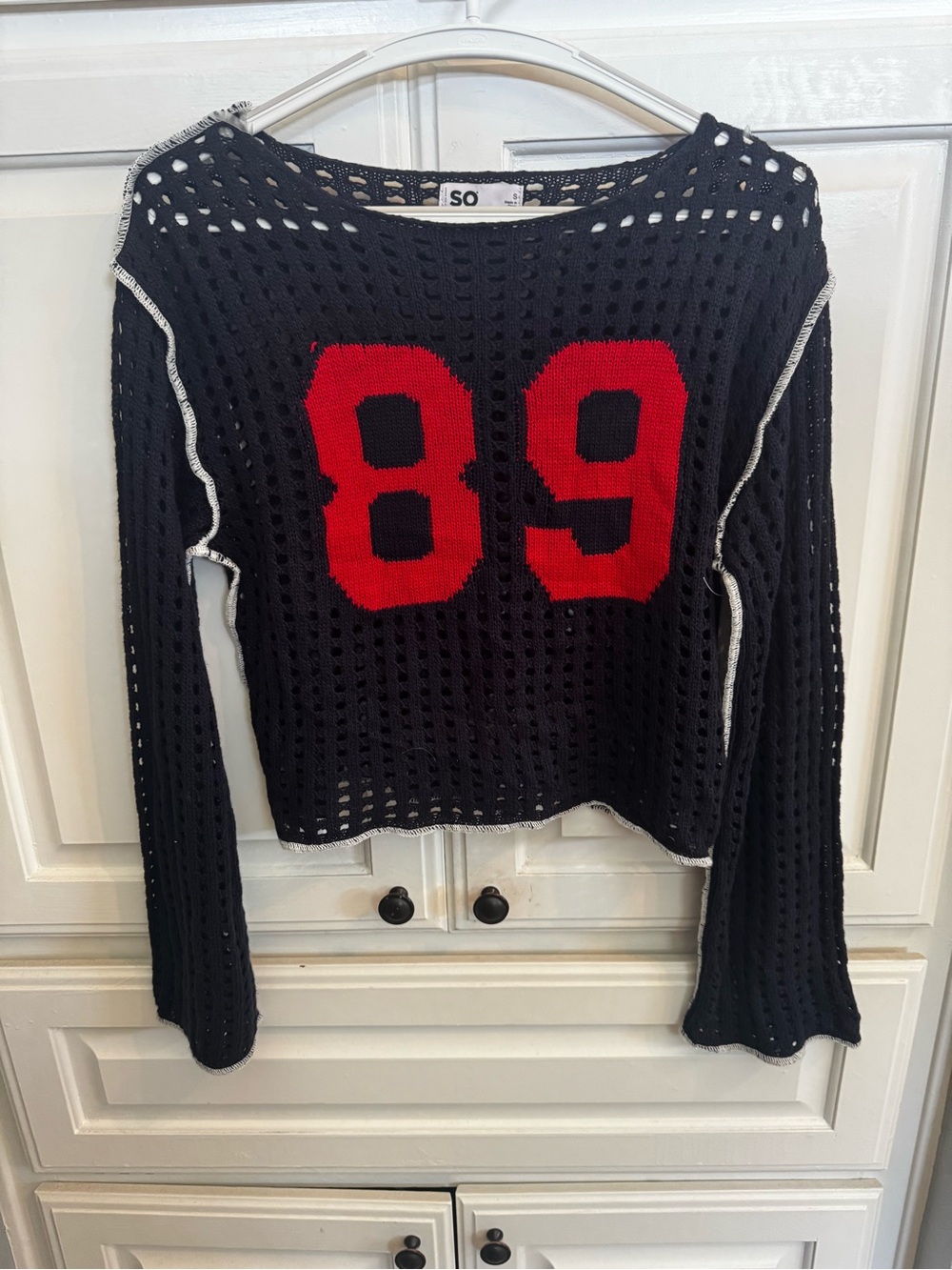 SO Navy Open-Knit Sweater with Red '89' Graphic and White Trim